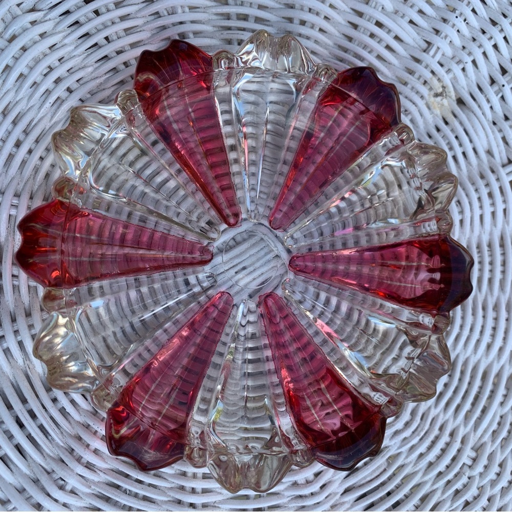 Ashtrays Red and Clear Glass Heavy Ribbed Vintage pinwheel Design.